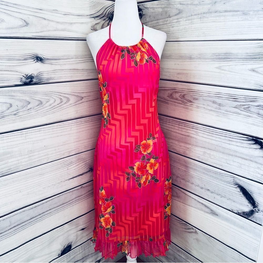 Vintage 90s California Concepts Pink Floral Patterned Halter Midi Dress